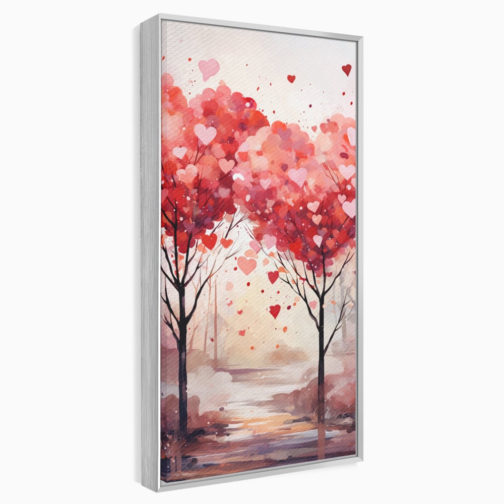 Tablou canvas cu tablou canvas cu doi copaci in forma de inimi, in rama de aluminiu argintiu